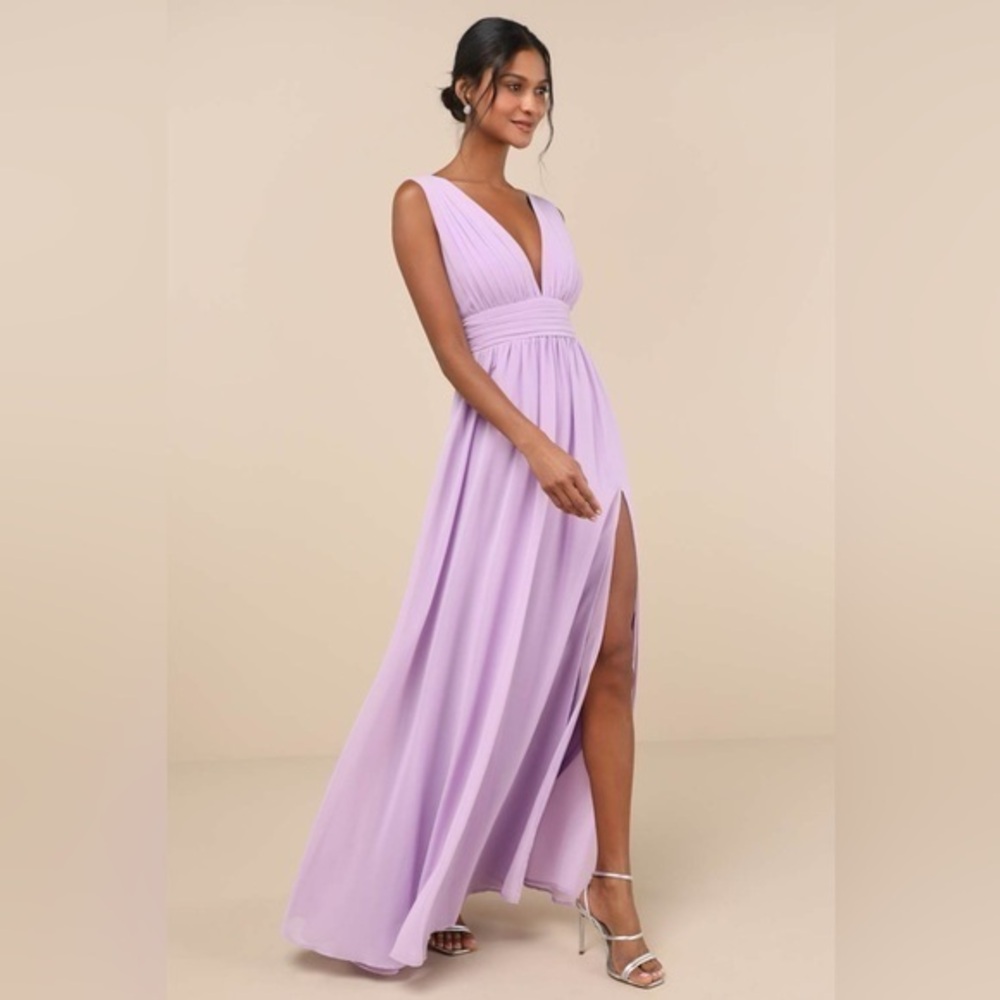 NEW Lulus Heavenly Hues Lavender Chiffon Plunge Maxi Dress Sleeveless Slit LARGE - Picture 3 of 13